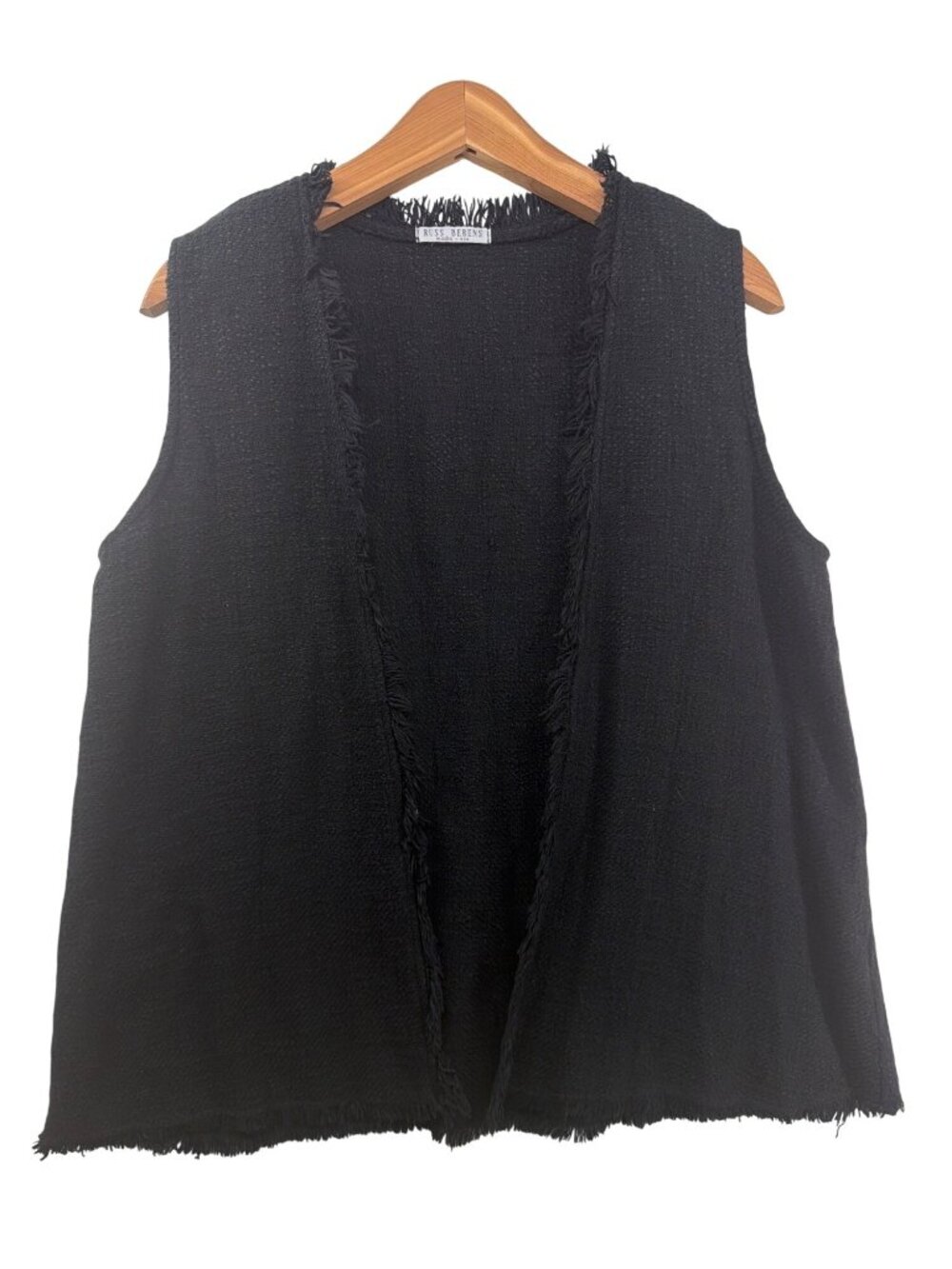 Vintage Russ Berens USA Women Vest/Cardigan Sz S Black Fringed Classic Open City